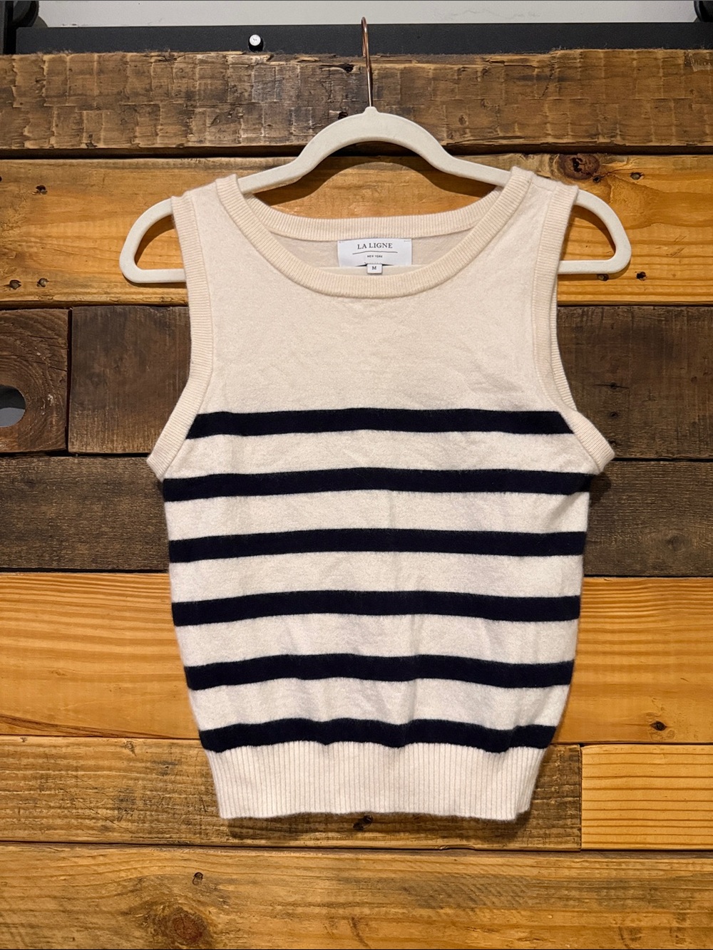 La Ligne Cream and Navy Striped Knit Tank Sweater